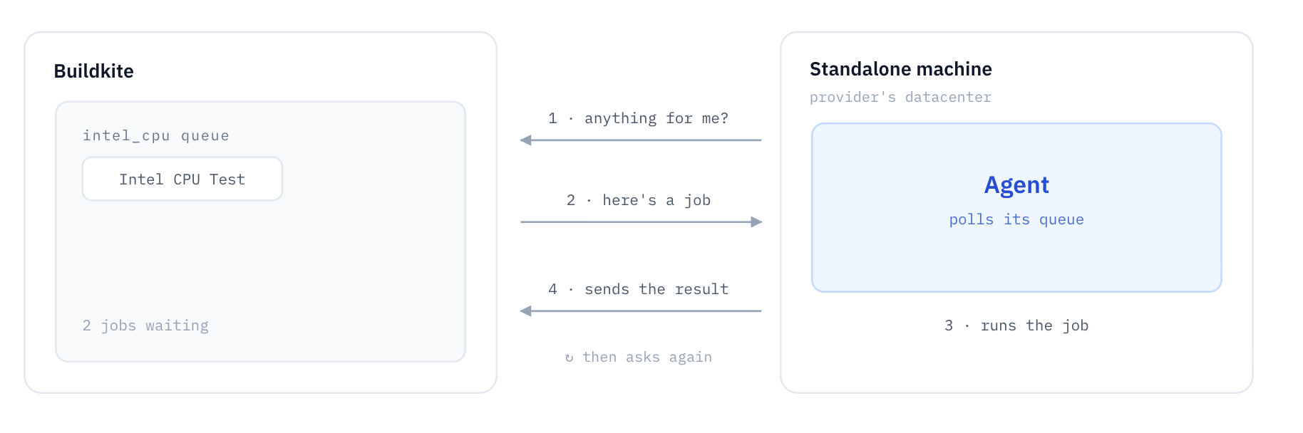 A standalone Buildkite agent polling a runner queue and reporting results